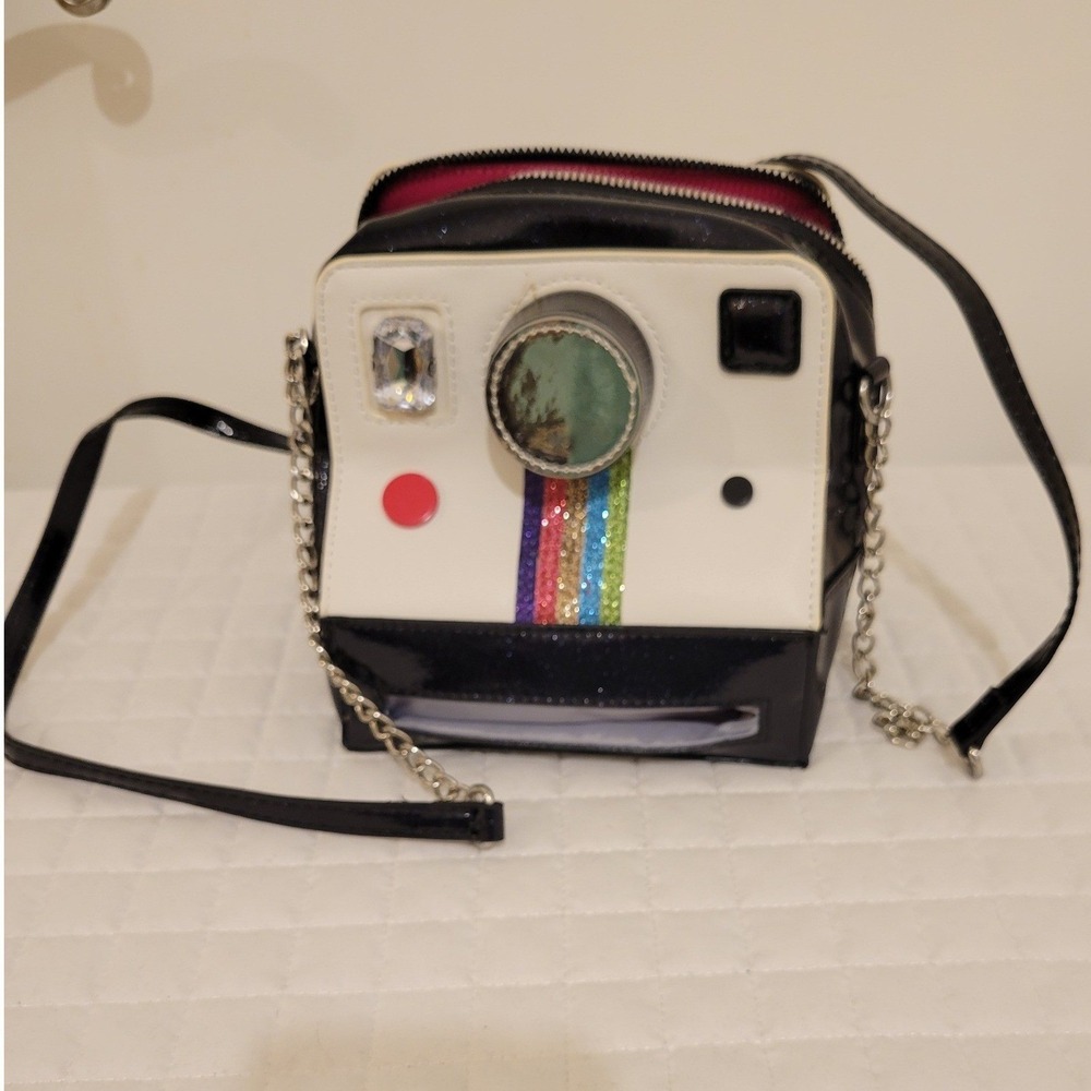 Betsey Johnson Oh Snap Kitsch Polaroid Camera Crossbody Purse Rainbow Glitter